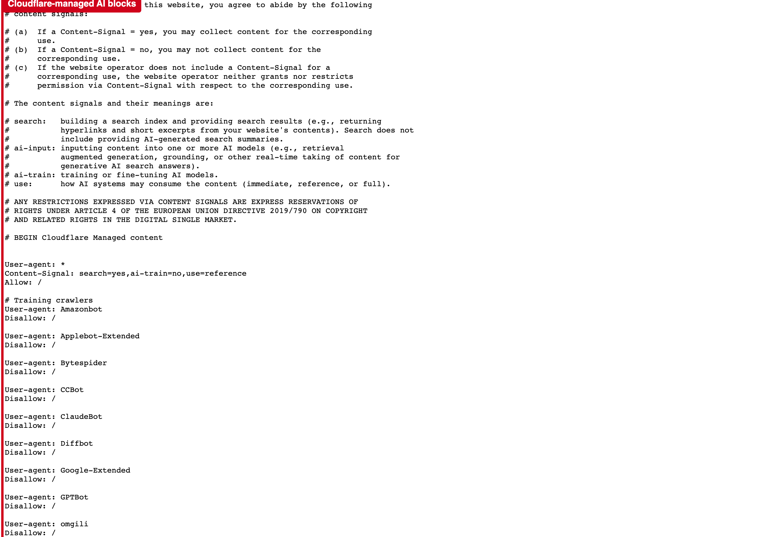 Screenshot: AI crawlers are blocked by a Cloudflare default