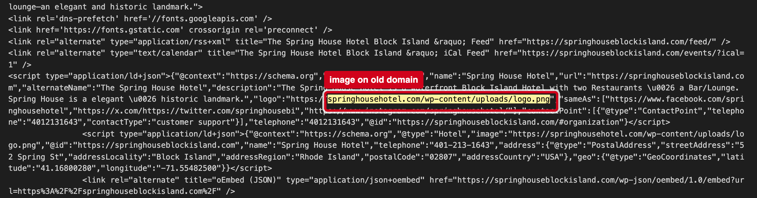 Screenshot: Your hotel facts block takes its image from a different domain